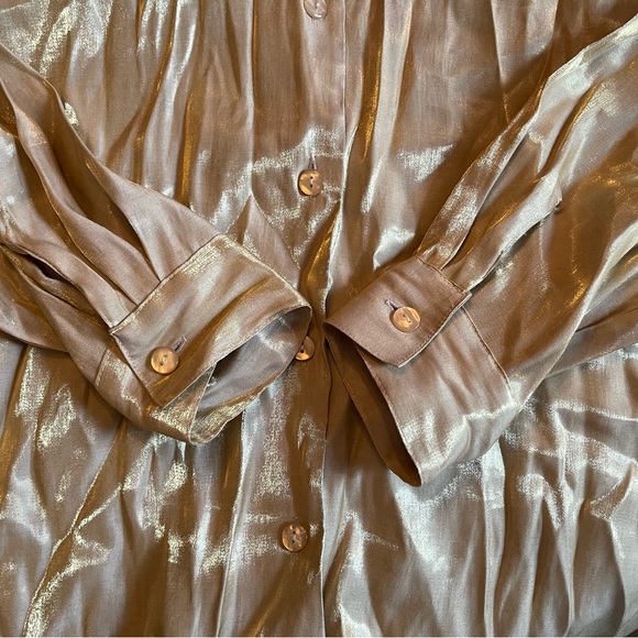 Vintage Script Beige Gold Button Up Crinkle Shirt Size 12 - Picture 5 of 11